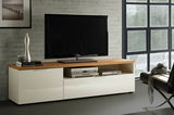 TV-Lowboard in modernem Design mit Holzoberfläche und weißen Schubladen, seitliche Perspektive