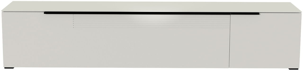 Frontansicht eines modernen, weißen XL TV-Lowboards mit glatter Oberfläche und minimalistischen Linien.