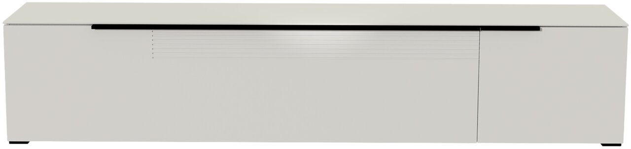 Frontansicht eines modernen, weißen XL TV-Lowboards mit glatter Oberfläche und minimalistischen Linien.