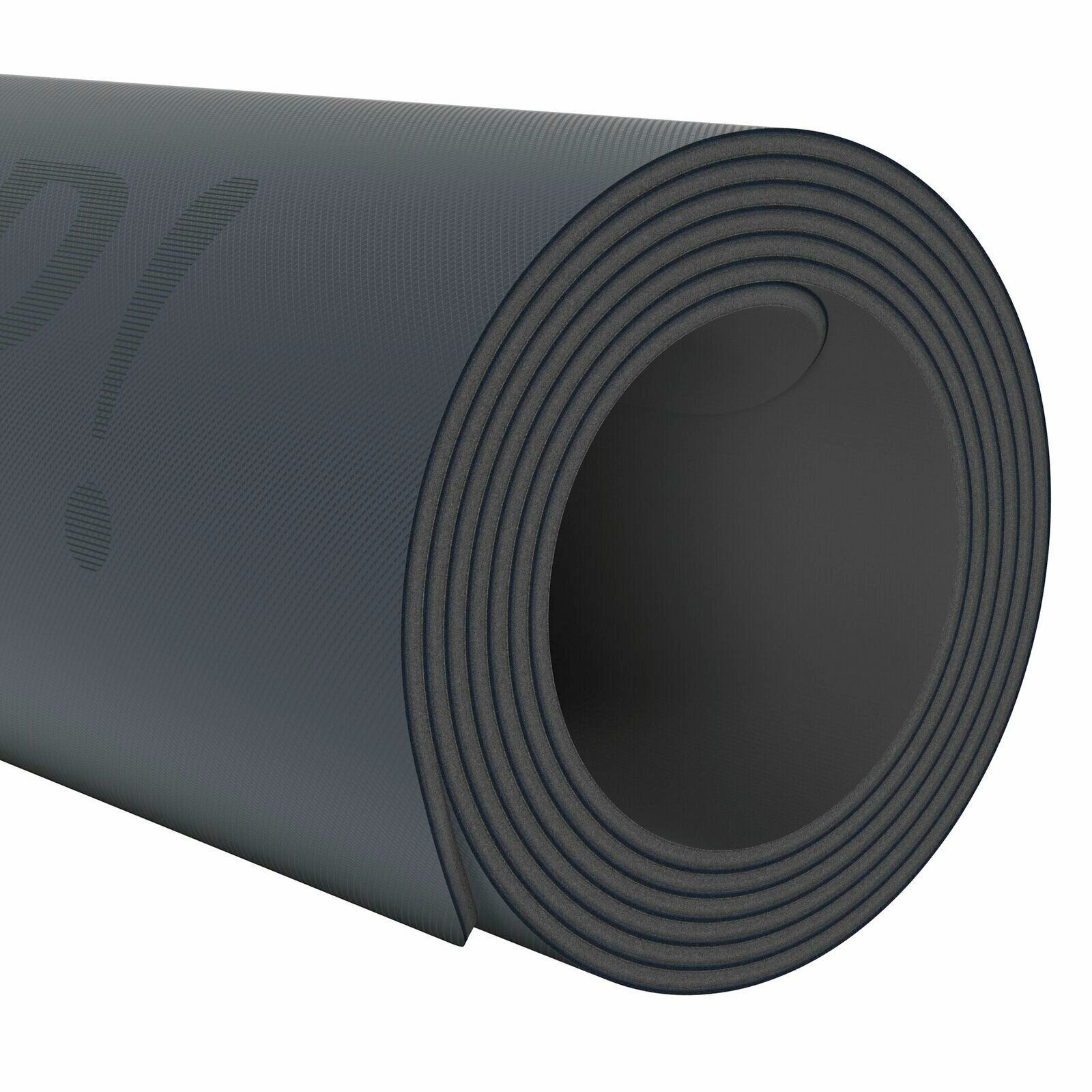 Nahaufnahme einer aufgerollten schwarzen Yogamatte mit strukturierter Oberfläche.