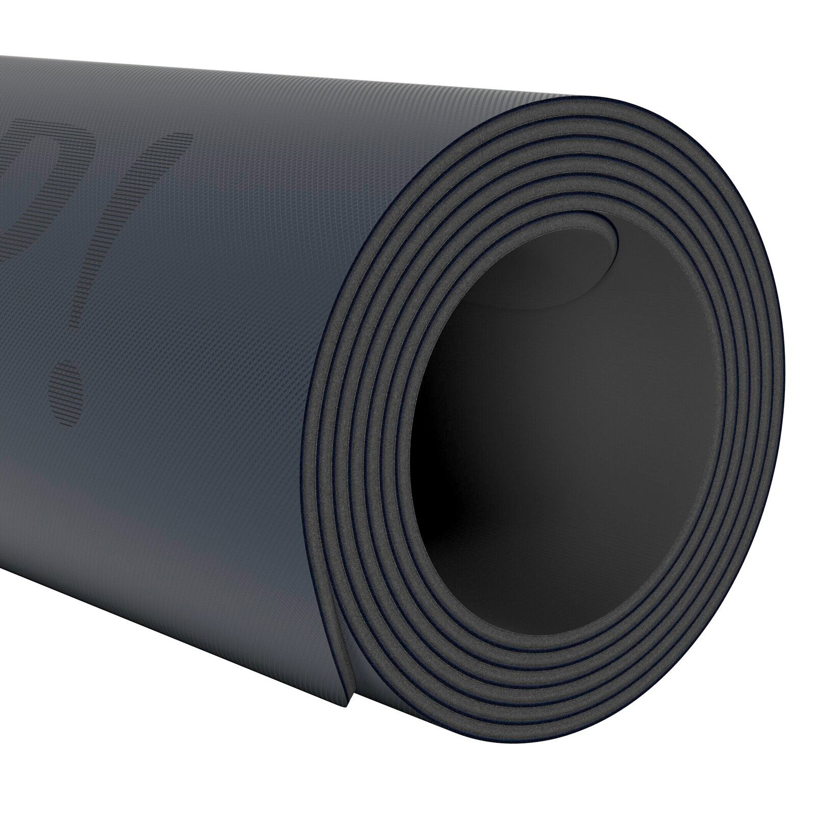 Nahaufnahme einer aufgerollten schwarzen Yogamatte mit strukturierter Oberfläche.