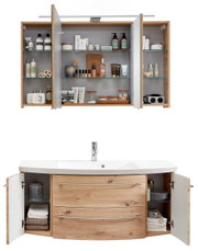 Badkamercombinatie, 3-delig, met open ontwerp, bestaande uit een spiegelkast met verzorgingsproducten en een wastafel met houtlook en opbergruimte.