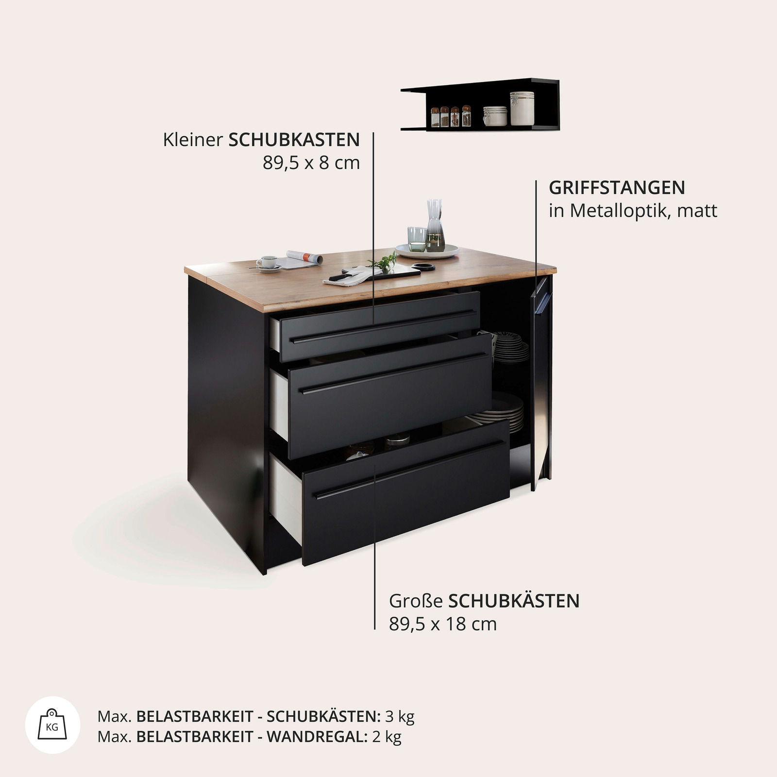 Kücheninsel mit schwarzem Korpus, Holzarbeitsplatte und Schubkästen, seitliche Perspektive