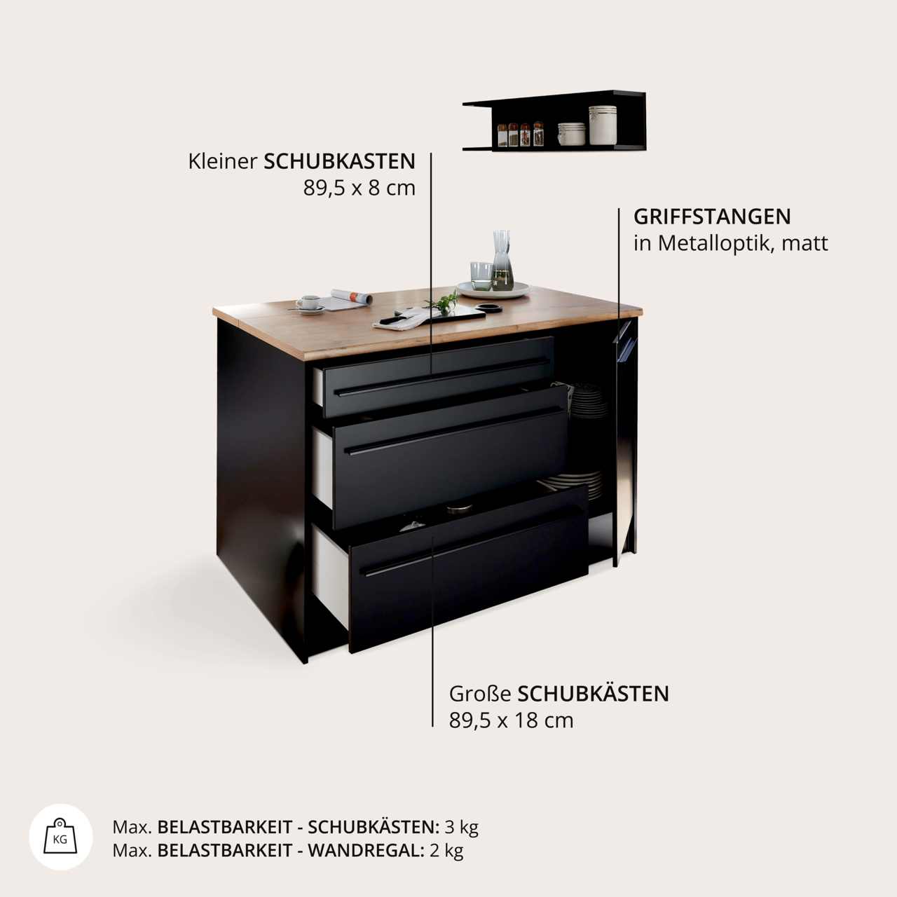 Kücheninsel mit schwarzem Korpus, Holzarbeitsplatte und Schubkästen, seitliche Perspektive