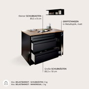 Kücheninsel mit schwarzem Korpus, Holzarbeitsplatte und Schubkästen, seitliche Perspektive