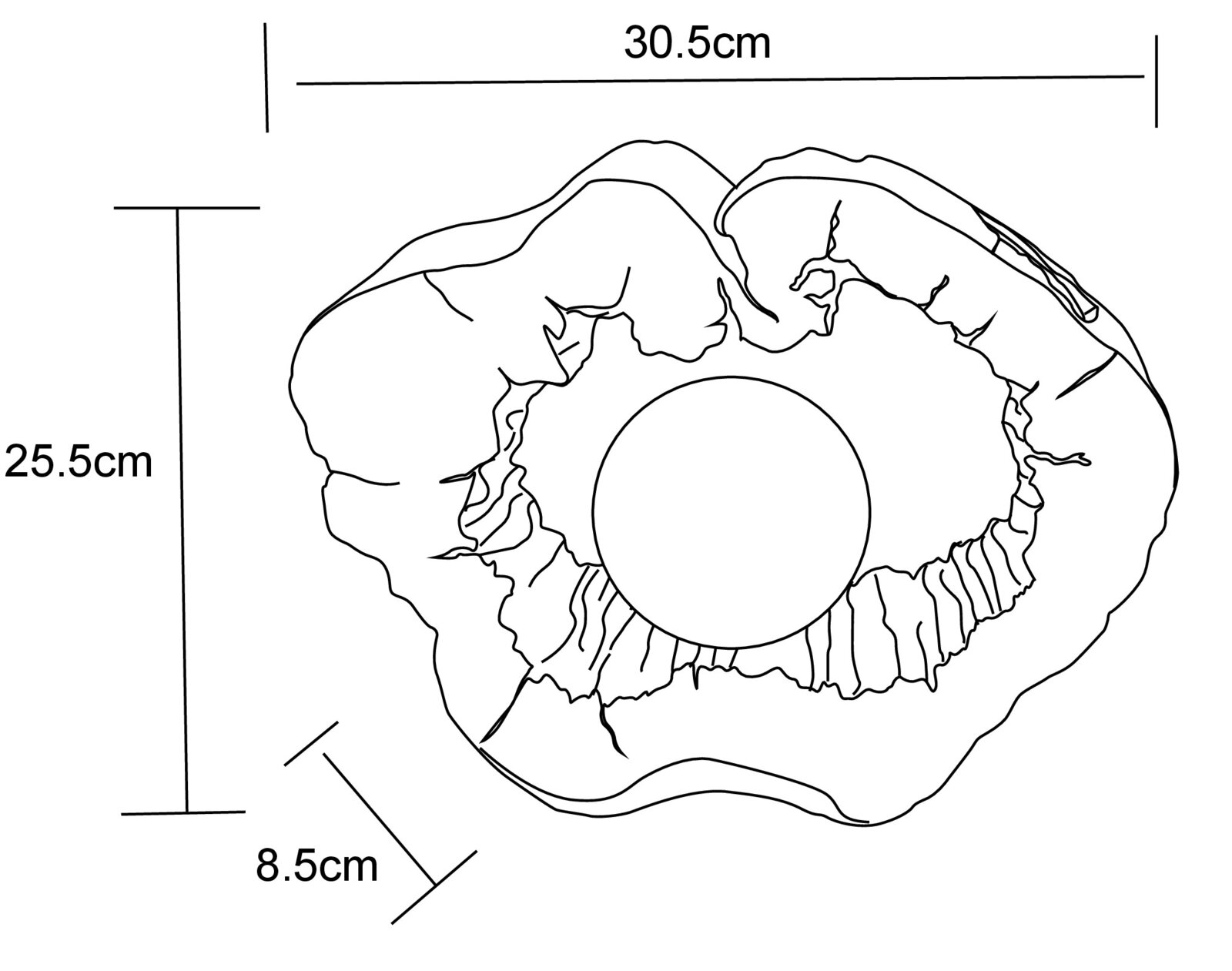 Draufsicht auf eine Solarleuchte mit unregelmäßiger, organischer Form und einem zentralen runden Element, Maße: 30,5 cm x 25,5 cm x 8,5 cm.
