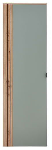 Frontansicht eines modernen Garderoben-Hängeschranks mit Holz- und grauen Elementen.