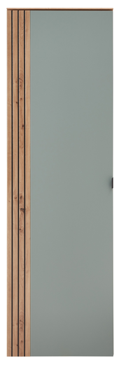 Frontansicht eines modernen Garderoben-Hängeschranks mit Holz- und grauen Elementen.