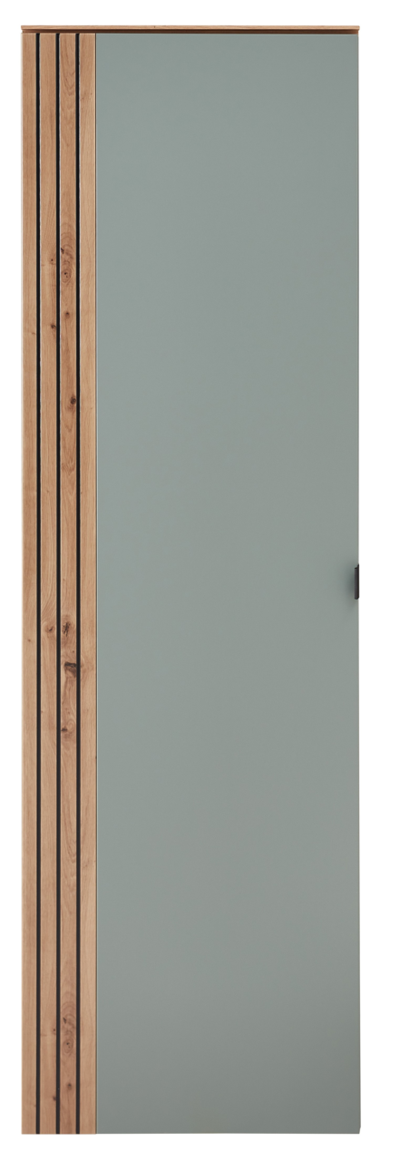 Frontansicht eines modernen Garderoben-Hängeschranks mit Holz- und grauen Elementen.