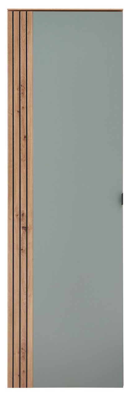 Frontansicht eines modernen Garderoben-Hängeschranks mit Holz- und grauen Elementen.