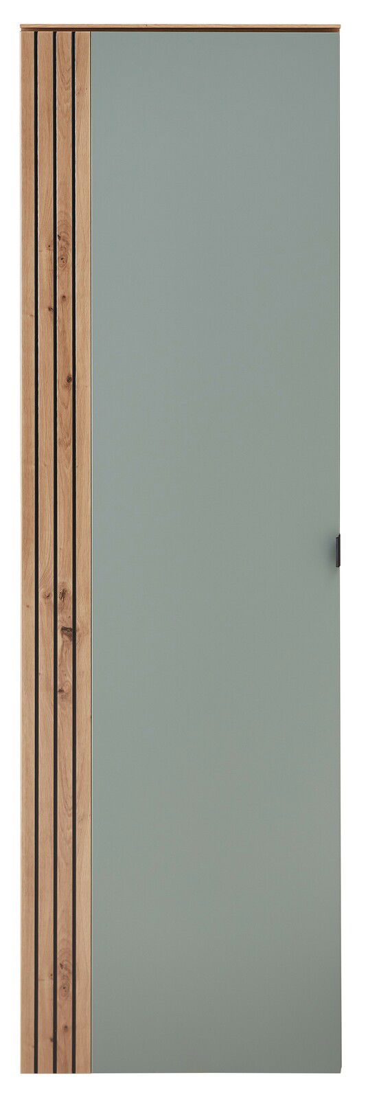 Frontansicht eines modernen Garderoben-Hängeschranks mit Holz- und grauen Elementen.