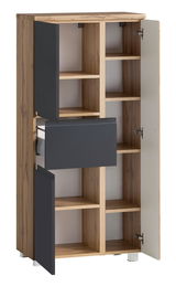 Geöffneter Midischrank 65 cm mit Holzelementen und grauen Türen, Frontansicht