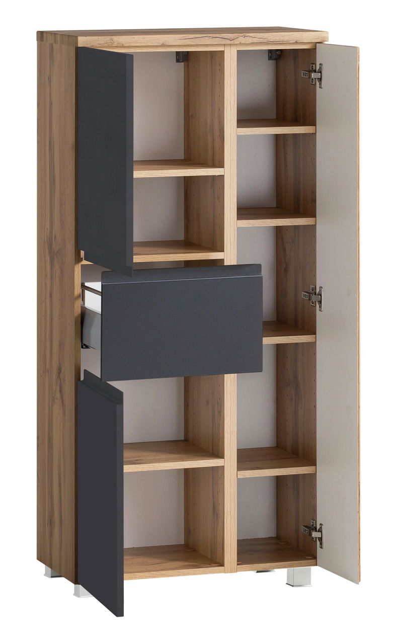 Geöffneter Midischrank 65 cm mit Holzelementen und grauen Türen, Frontansicht