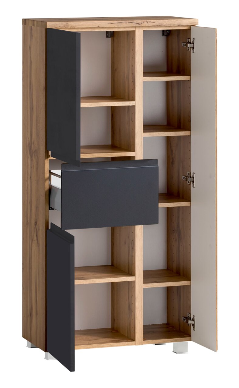 XORA Midischrank VARESE Geöffneter Midischrank 65 cm mit Holzelementen und grauen Türen, Frontansicht