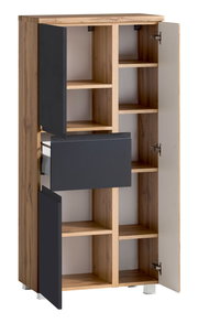 Geöffneter Midischrank 65 cm mit Holzelementen und grauen Türen, Frontansicht