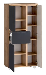 Geöffneter Midischrank 65 cm mit Holzelementen und grauen Türen, Frontansicht