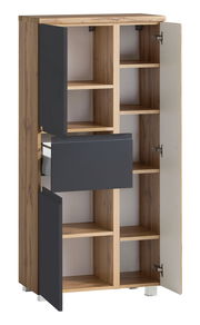 Geöffneter Midischrank 65 cm mit Holzelementen und grauen Türen, Frontansicht