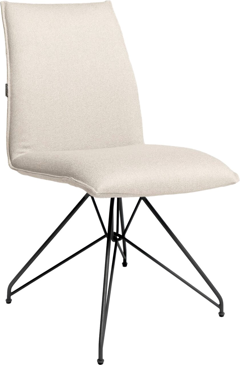 JOOP! Stuhl STUDIO G27 Beiger, gepolsterter Esszimmerstuhl mit Stoffbezug und schwarzem Metallgestell im Drahtdesign, freigestellt auf weißem Hintergrund, seitliche Ansicht (leicht von vorn).
