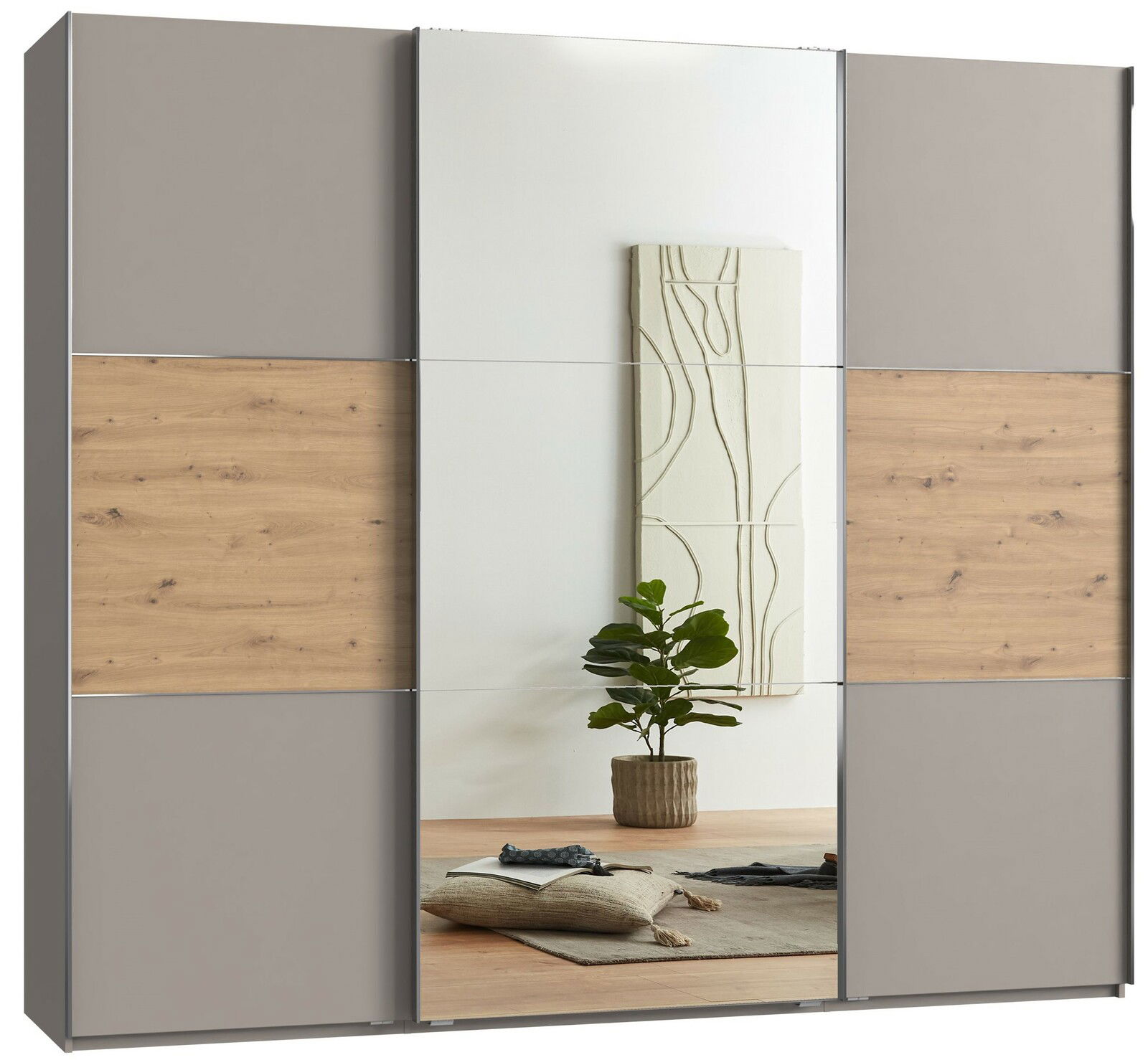 Moderner dreitüriger Schwebetürenschrank mit Spiegel in Holz- und Grautönen, frontal abgebildet. Der Schrank hat eine mittlere Spiegeltür und seitliche Paneele in Holzoptik und Grau.