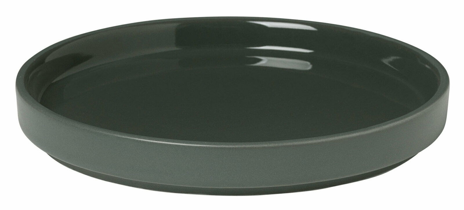 Runder, flacher Teller in Agave Grün, seitliche Perspektive