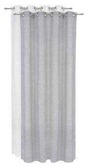 Grauer Ösenschal 135x245cm, frontal fotografiert, mit Metallösen zur einfachen Aufhängung.