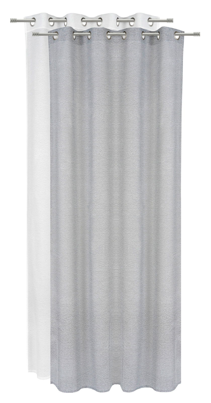 Grauer Ösenschal 135x245cm, frontal fotografiert, mit Metallösen zur einfachen Aufhängung.