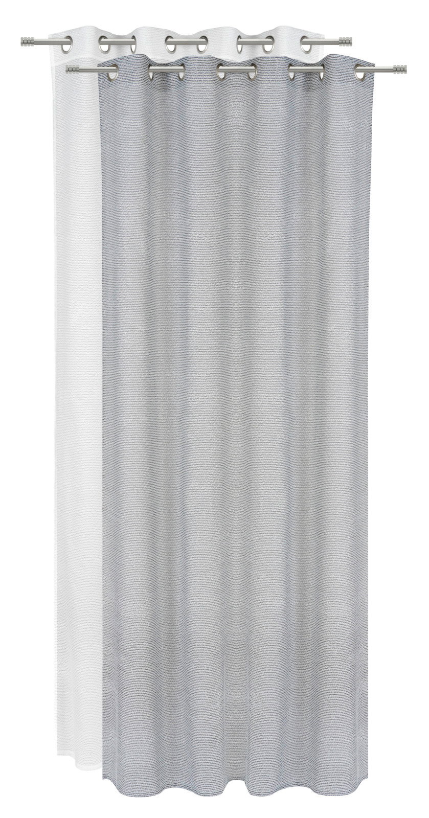 Grauer Ösenschal 135x245cm, frontal fotografiert, mit Metallösen zur einfachen Aufhängung.