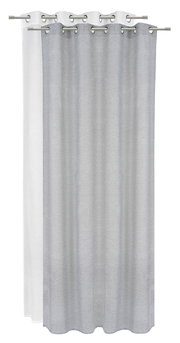 Grauer Ösenschal 135x245cm, frontal fotografiert, mit Metallösen zur einfachen Aufhängung.