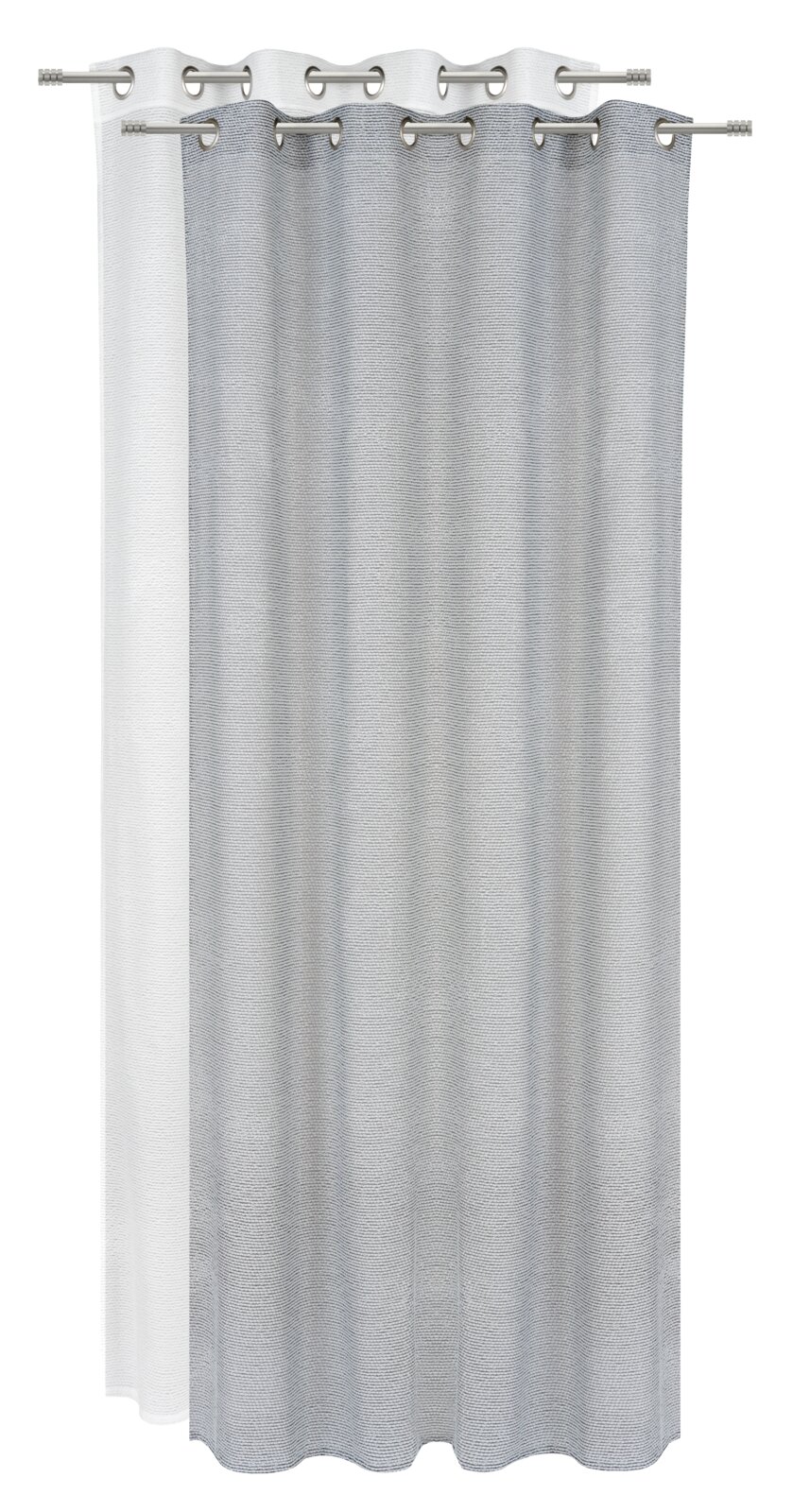 Grauer Ösenschal 135x245cm, frontal fotografiert, mit Metallösen zur einfachen Aufhängung.