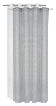 Grauer Ösenschal 135x245cm, frontal fotografiert, mit Metallösen zur einfachen Aufhängung.