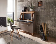 Moderner Sekretär in einem stilvollen Raum, seitliche Perspektive, mit integriertem Monitor und Stauraum, umgeben von dekorativen Elementen.