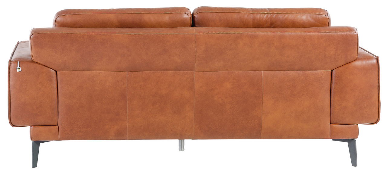 Rückansicht eines braunen 2-Sitzer Sofas mit Metallfüßen.