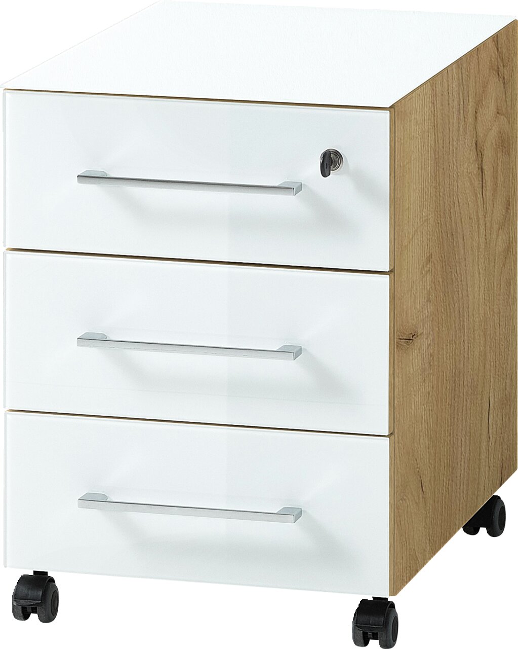 XORA Rollcontainer MATERNO Rollcontainer mit drei Schubladen, weiße Fronten und Holzseiten, auf Rollen, seitliche Perspektive