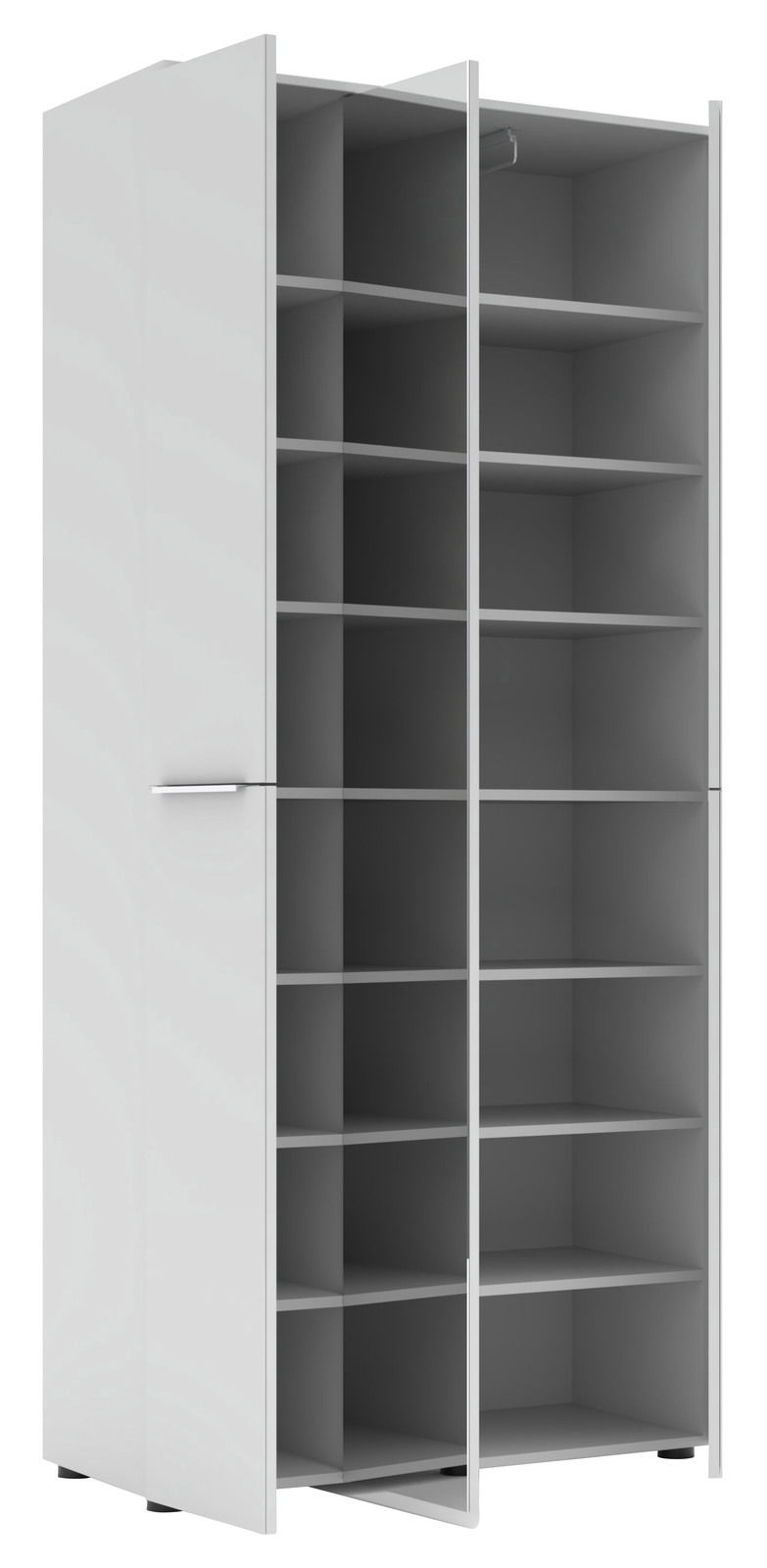 Moderner weißer Garderobenschrank mit mehreren offenen Fächern und einer Tür, perspektivisch von vorne links gezeigt.