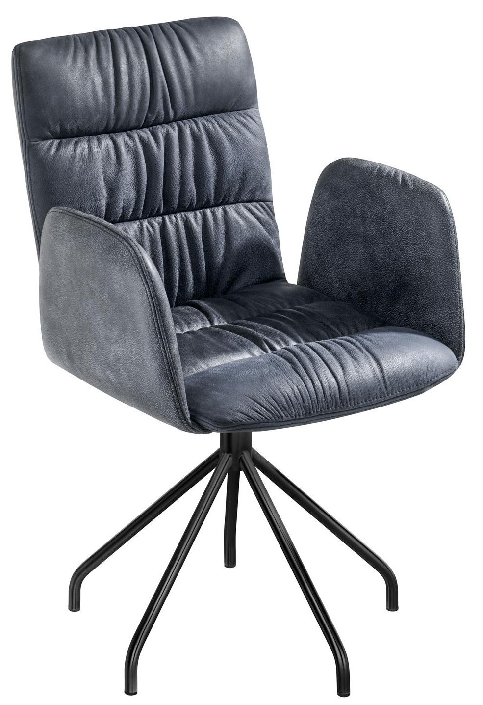 Moderner Sessel mit dunkelgrauem Stoffbezug und schwarzem Metallgestell, seitliche Perspektive