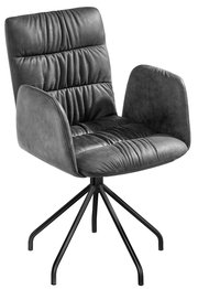 Moderner Sessel mit dunkelgrauem Stoffbezug und schwarzem Metallgestell, seitliche Perspektive