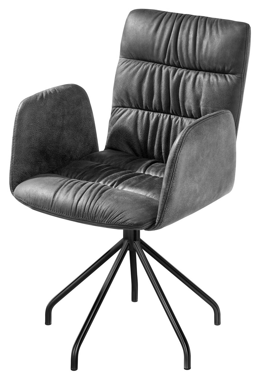 Moderner Sessel mit dunkelgrauem Stoffbezug und schwarzem Metallgestell, seitliche Perspektive