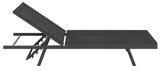 Seitliche Ansicht einer modernen, verstellbaren Sonnenliege in dunkler Farbe.