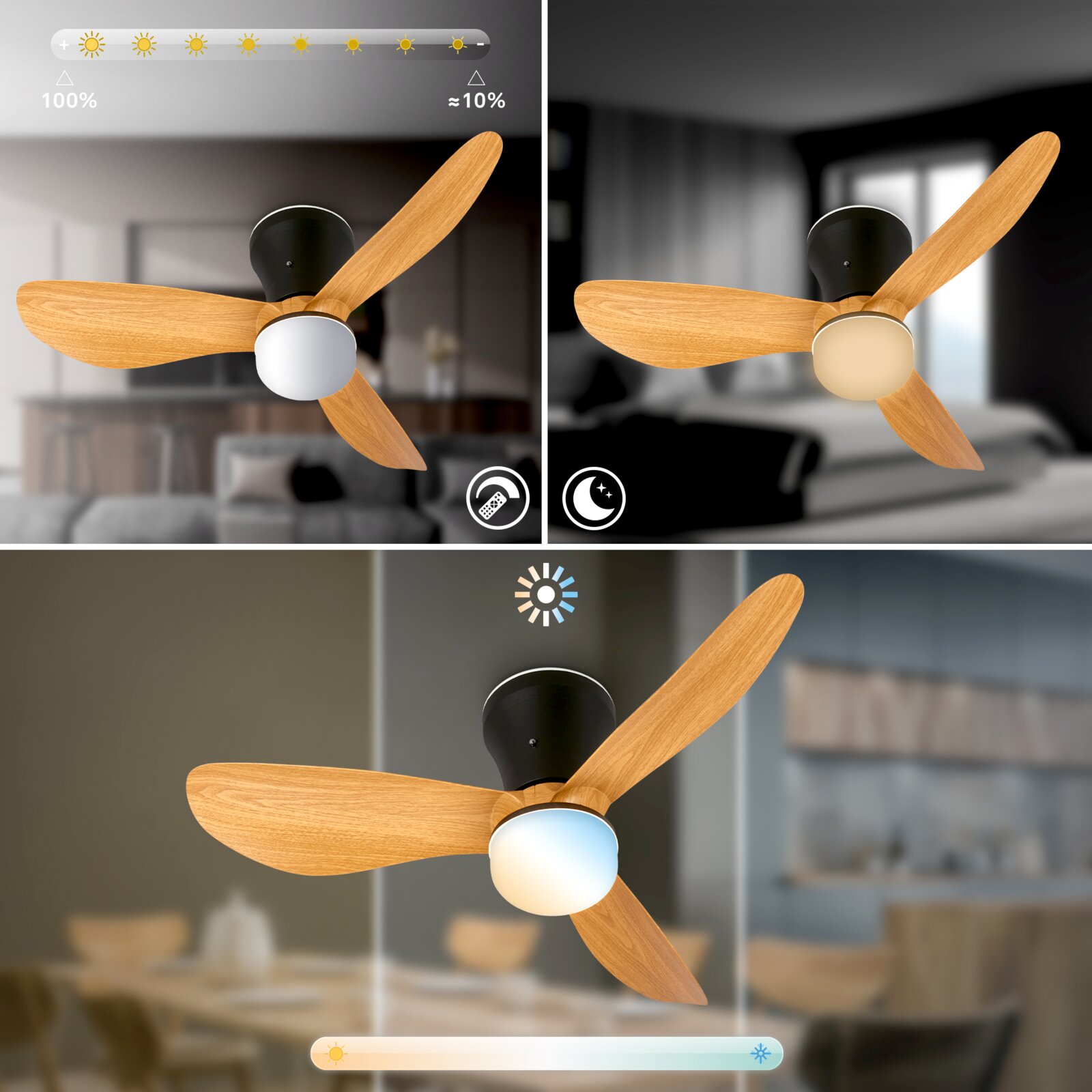 Moderner Deckenventilator mit drei Holzflügeln, schwarzem Gehäuse und integrierter LED-Leuchte, in Frontansicht von unten im Wohnraum, mit Anzeige zur dimmbaren Lichtsteuerung (warm/kalt) und Nachtmodus.