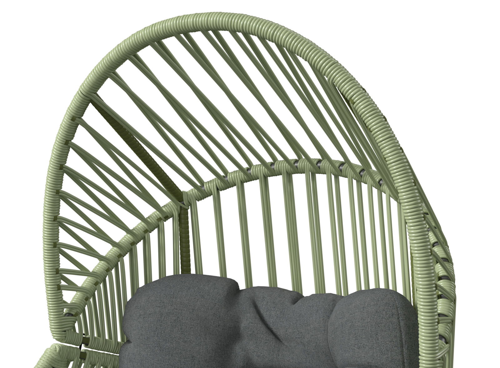 Nahaufnahme eines Gartensessels mit grünem Rattangeflecht und grauem Kissen, von oben betrachtet.