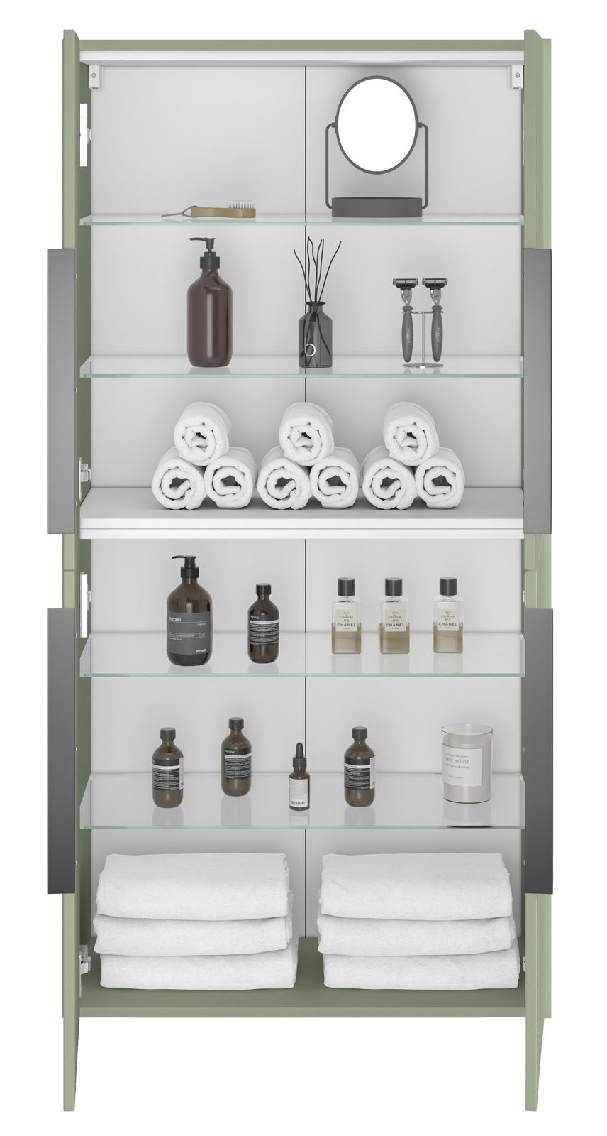 Frontansicht eines Midischranks mit Glastüren, gefüllt mit Handtüchern, Pflegeprodukten und einem Spiegel.