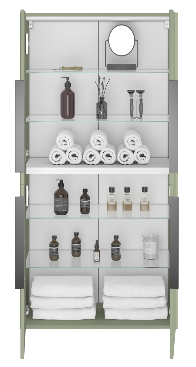 Frontansicht eines Midischranks mit Glastüren, gefüllt mit Handtüchern, Pflegeprodukten und einem Spiegel.