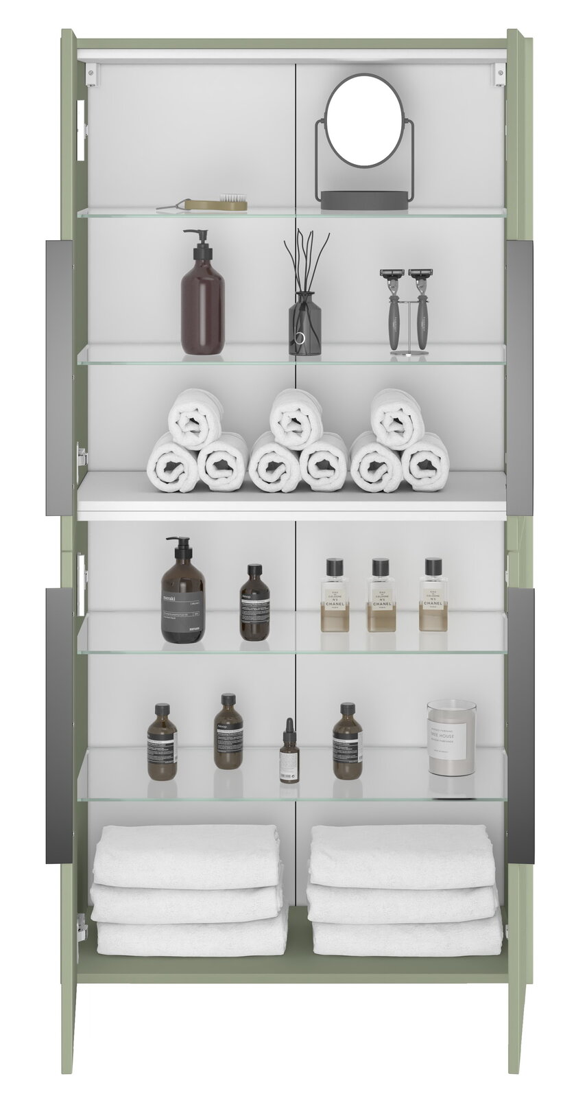 XORA Midischrank ITALLO Frontansicht eines Midischranks mit Glastüren, gefüllt mit Handtüchern, Pflegeprodukten und einem Spiegel.