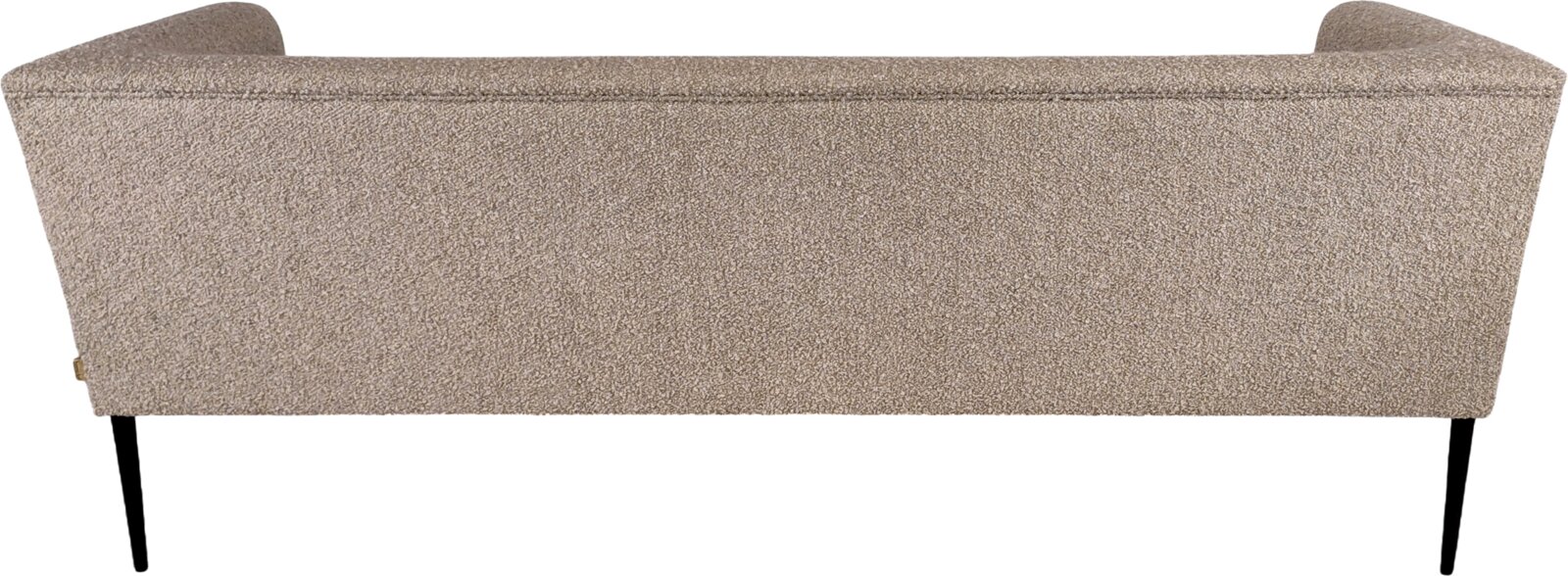 Beiges, strukturiert bezogenes 2-Sitzer-Sofa mit hohen Armlehnen und schwarzen, schlanken Metallbeinen, Rückansicht auf weißem Hintergrund