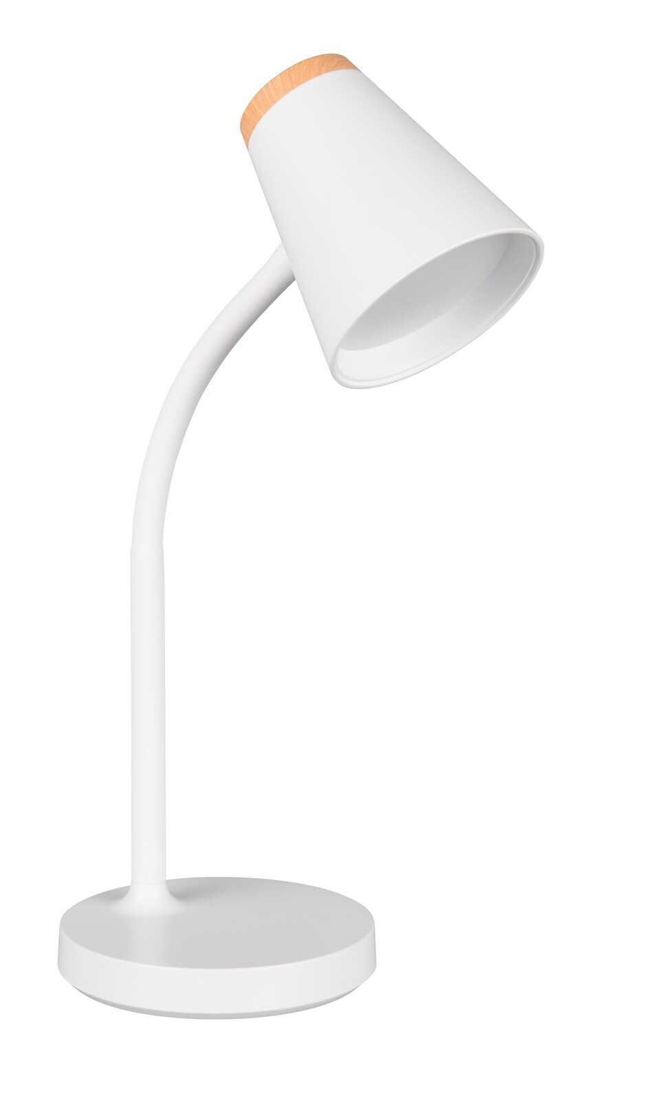 Moderne weiße Tischleuchte mit konischem Schirm und Holzdetail, seitliche Perspektive