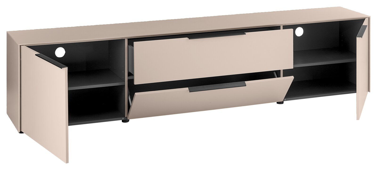 Modernes TV-Lowboard/Sideboard in Beige mit schwarzen Innenfächern, zwei seitlichen Klapptüren und mittlerer Klappe/Schublade geöffnet, mit Kabeldurchführungen, Ansicht schräg von vorn