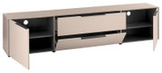 Modernes TV-Lowboard/Sideboard in Beige mit schwarzen Innenfächern, zwei seitlichen Klapptüren und mittlerer Klappe/Schublade geöffnet, mit Kabeldurchführungen, Ansicht schräg von vorn