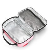 Geöffnete Thermotasche für Kinder mit Panda-Punkten, Innenansicht mit silberner Isolierung und Netzfach, rosa mit weißen Punkten, von oben betrachtet.