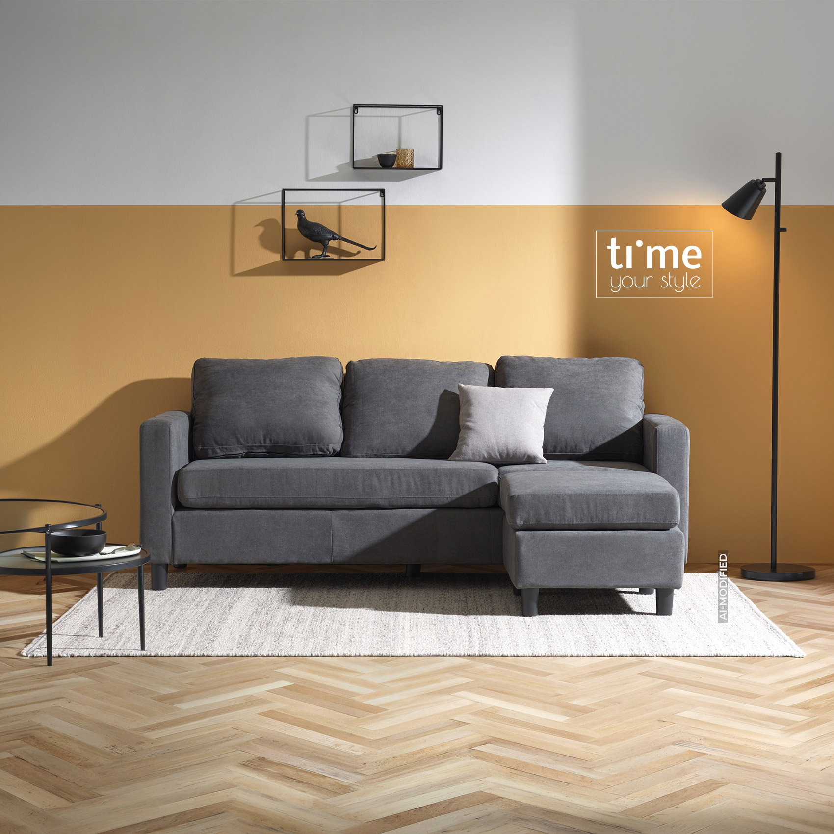 Grijze hoekbank met kussen in moderne woonkamer, aangeprezen als prijskampioen voor 222 euro. AI-modified