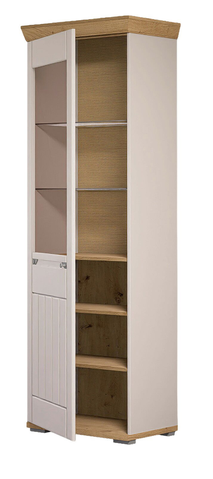 Vitrine aus Holz mit teilweise geöffneter Tür, seitliche Perspektive